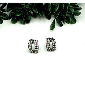 Vintage Crystal Pave Curved Half Hoop Stud Earrings Silver Tone